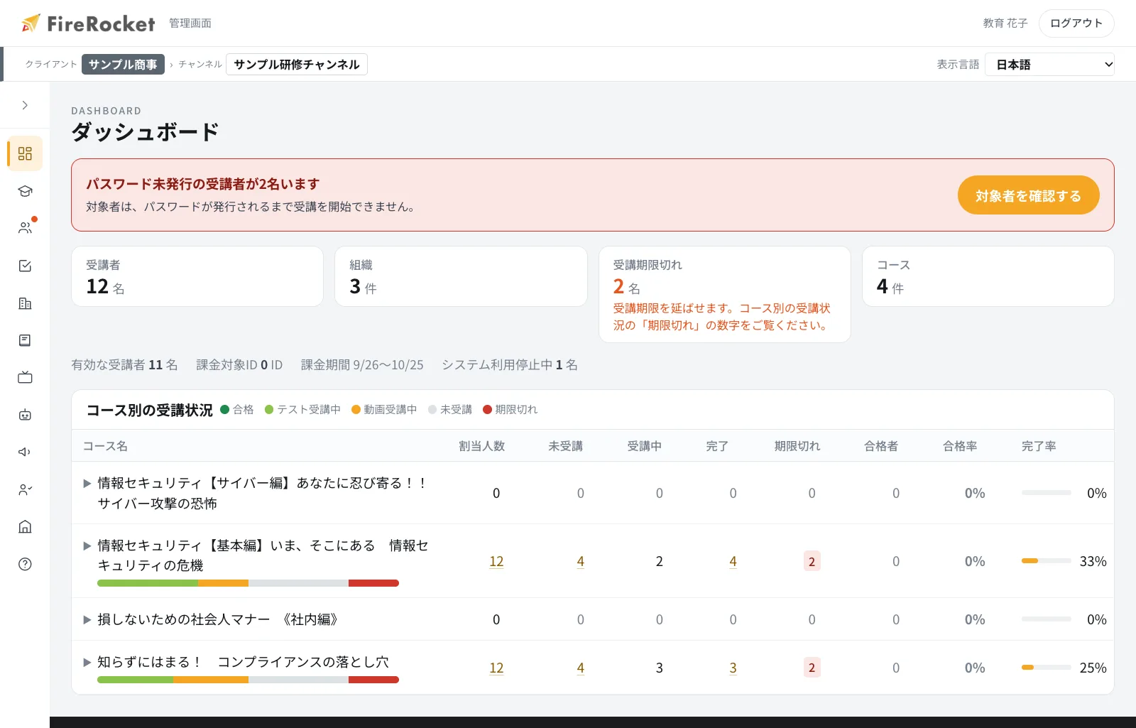 管理画面の全体。上部に「クライアント › チャンネル」、左側にメニュー、中央にその画面の内容が表示されます。