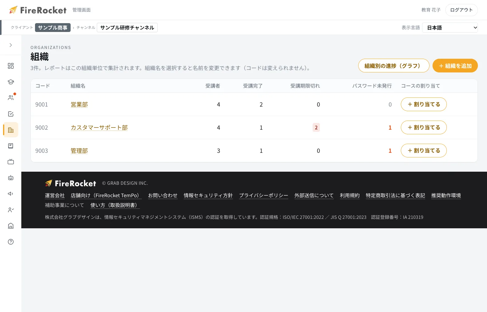 組織の一覧。組織ごとの受講者数、受講完了、受講期限切れ、パスワード未発行が表示されます。「+ 割り当てる」から、その組織へコースを割り当てられます。