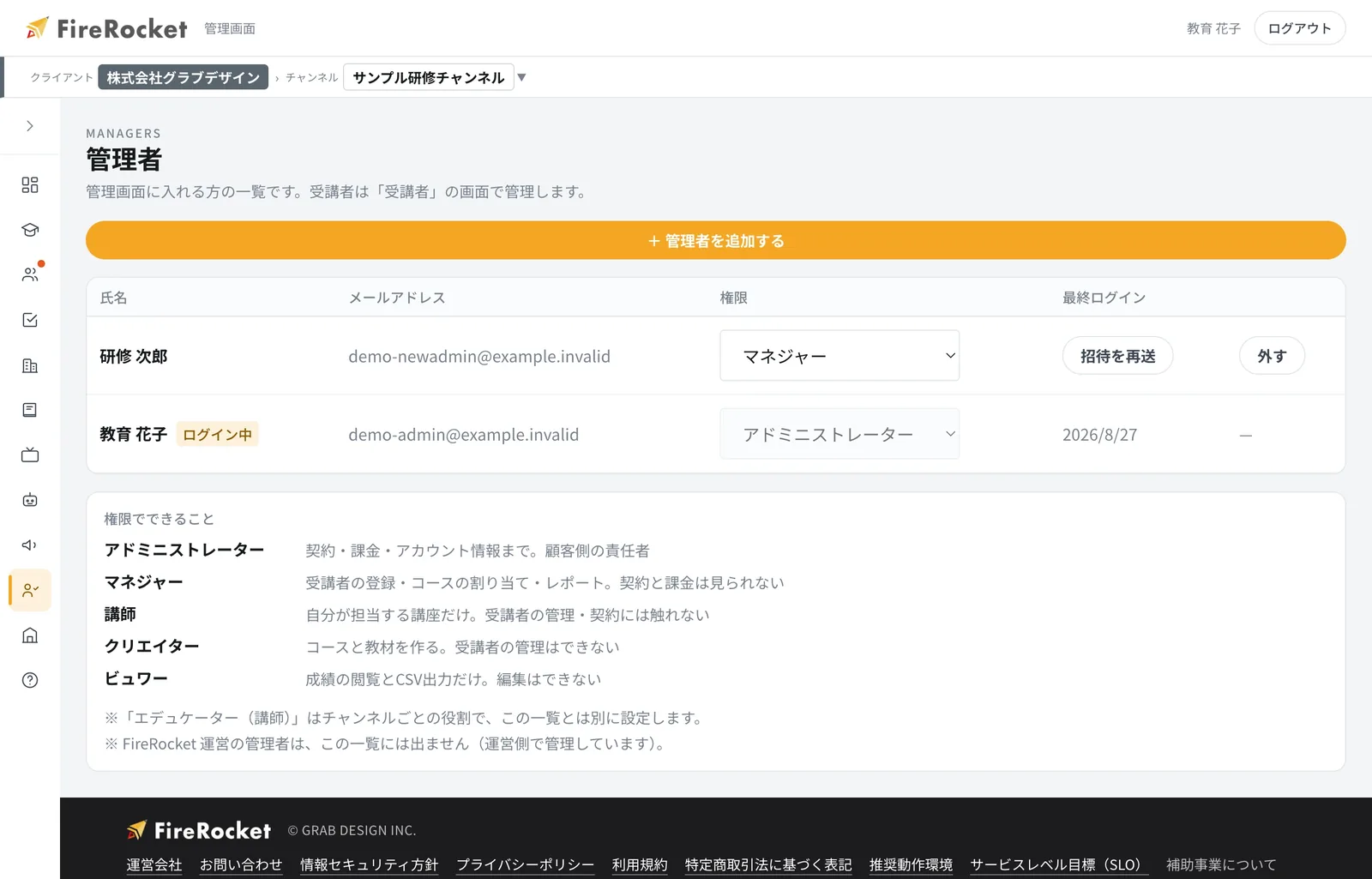 管理者の画面。追加、権限の変更、除外を行えます。